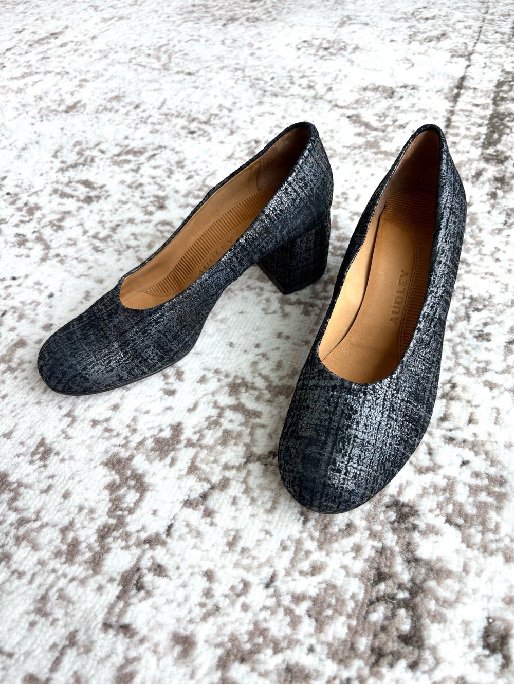 Audley Structured Textured Block Heel Black Pumps - Made in Spain